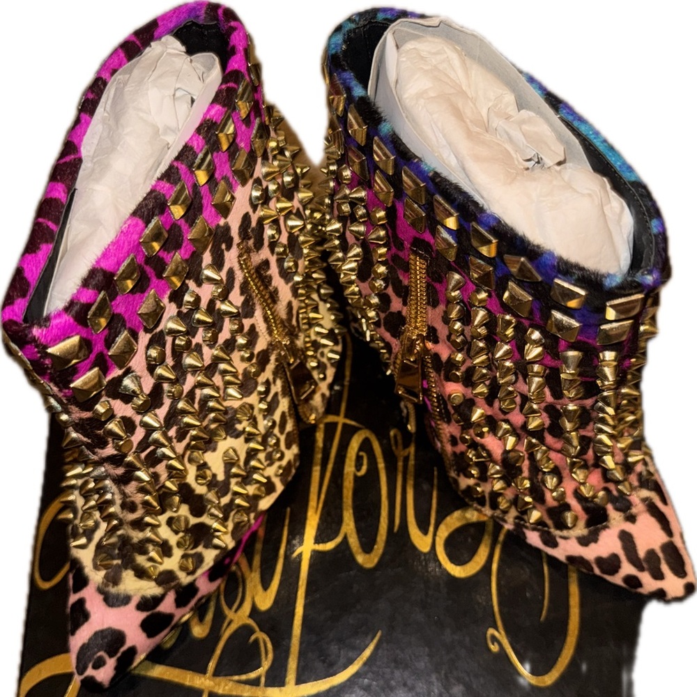 Lust For Life leopard multicolor wedge booties boots with gold studs.